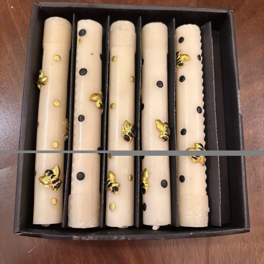 MacKenzie Childs Bee Mini Dinner Candles Lot 5 Beeswax Black Gold Polka Dot